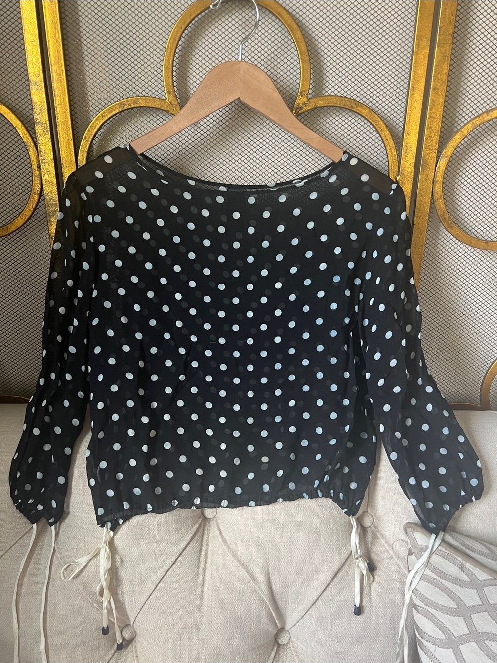 Polka Dot Drawstring Black Blouse